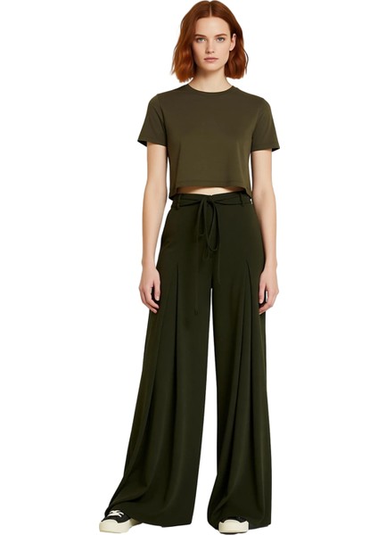 Kadın Haki Wide Leg Pantolon Bağcıklı Bel Detaylı Fonksiyonel Dayanıklı Kaliteli Konforlu Şık