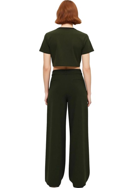 Kadın Haki Wide Leg Pantolon Bağcıklı Bel Detaylı Fonksiyonel Dayanıklı Kaliteli Konforlu Şık fiyatları