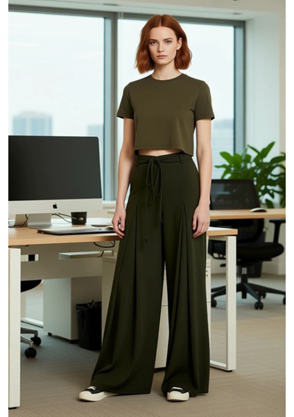 Kadın Haki Wide Leg Pantolon Bağcıklı Bel Detaylı Fonksiyonel Dayanıklı Kaliteli Konforlu Şık modelleri