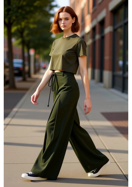 Kadın Haki Wide Leg Pantolon Bağcıklı Bel Detaylı Fonksiyonel Dayanıklı Kaliteli Konforlu Şık indirimleri