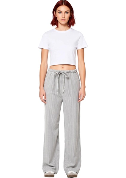 Kadın Çizgili Wide Leg Örme Pantolon Antrasit Fonksiyonel Dayanıklı Kaliteli Konforlu Spor