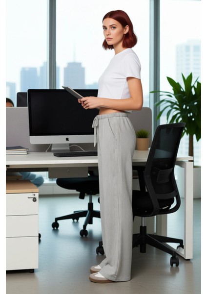 Kadın Çizgili Wide Leg Örme Pantolon Antrasit Fonksiyonel Dayanıklı Kaliteli Konforlu Spor modelleri