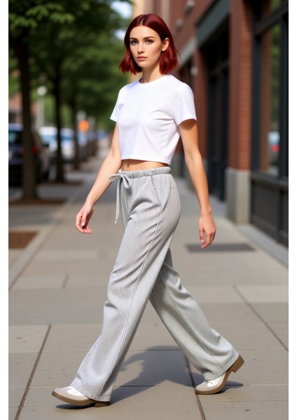 Kadın Çizgili Wide Leg Örme Pantolon Antrasit Fonksiyonel Dayanıklı Kaliteli Konforlu Spor indirimleri