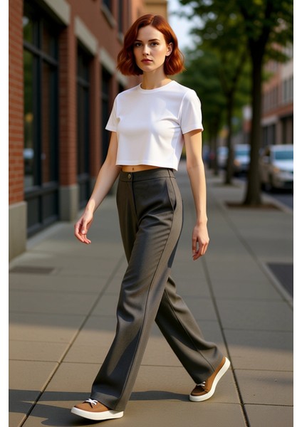 Kadın Yüksek Bel Geniş Paça Dokuma Kumaş Pantolon Fonksiyonel Dayanıklı Kaliteli Konforlu Şık fırsatları