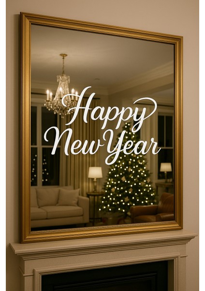 Happy New Year Temalı Vitrin Cam Sticker Beyaz Model 3 90X50 cm