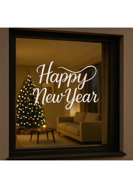 Happy New Year Temalı Vitrin Cam Sticker Beyaz Model 3 90X50 cm fiyatları