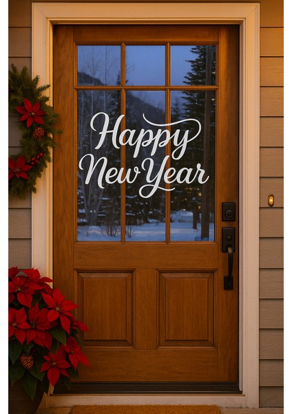 Happy New Year Temalı Vitrin Cam Sticker Beyaz Model 3 90X50 cm modelleri