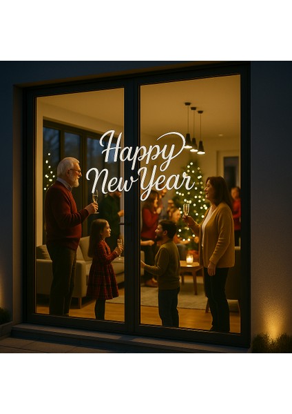 Happy New Year Temalı Vitrin Cam Sticker Beyaz Model 3 90X50 cm fırsatları