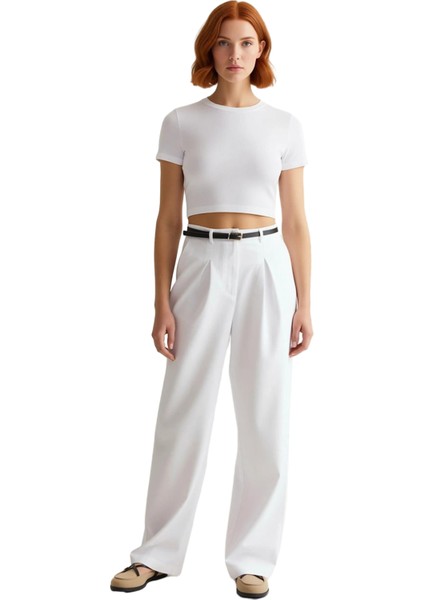 Kadın Kemerli Yüksek Bel Straight Kesim Pantolon Fonksiyonel Dayanıklı Kaliteli Konforlu Şık