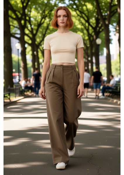 Kadın Gabardin Yüksek Bel Bol Paça Pantolon Fonksiyonel Dayanıklı Kaliteli Konforlu Modern fırsatları