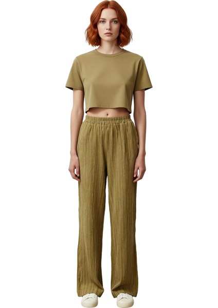 Kadın Yüksek Bel Dokulu Flare Pantolon Fonksiyonel Dayanıklı Kaliteli Konforlu Estetik Şık