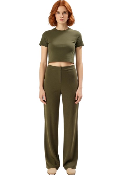 Kadın Haki Yüksek Bel Wide Leg Örme Pantolon Fonksiyonel Dayanıklı Kaliteli Konforlu Rahat