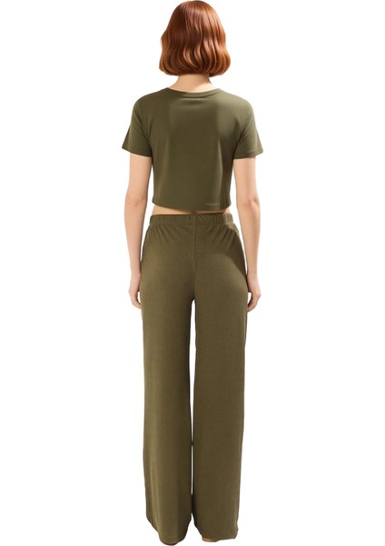 Kadın Haki Yüksek Bel Wide Leg Örme Pantolon Fonksiyonel Dayanıklı Kaliteli Konforlu Rahat fiyatları