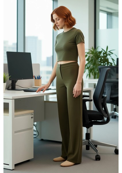 Kadın Haki Yüksek Bel Wide Leg Örme Pantolon Fonksiyonel Dayanıklı Kaliteli Konforlu Rahat modelleri