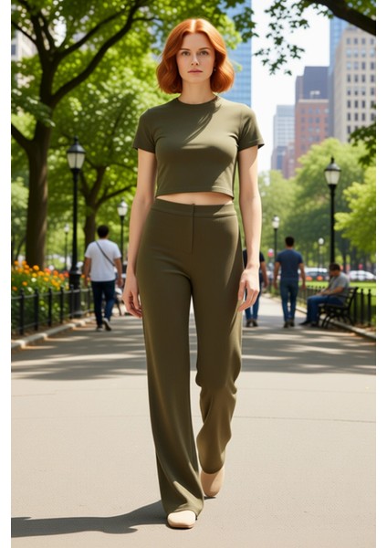 Kadın Haki Yüksek Bel Wide Leg Örme Pantolon Fonksiyonel Dayanıklı Kaliteli Konforlu Rahat fırsatları