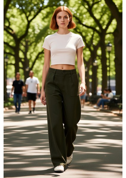 Kadın Haki Gabardin Yüksek Bel Bol Kesim Pantolon Fonksiyonel Dayanıklı Kaliteli Konforlu Şık fırsatları