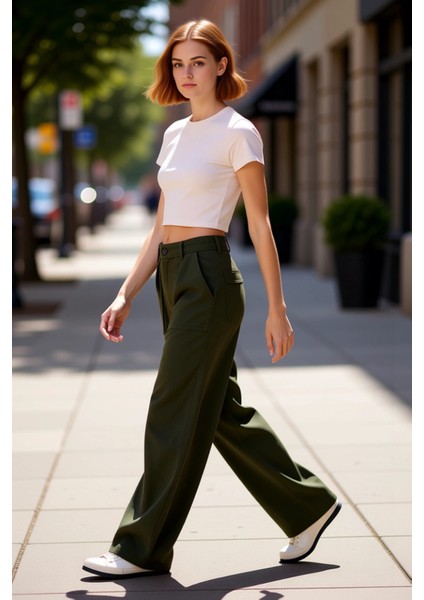 Kadın Haki Gabardin Yüksek Bel Bol Kesim Pantolon Fonksiyonel Dayanıklı Kaliteli Konforlu Şık indirimleri