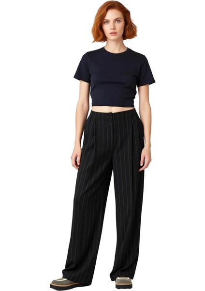 Kadın Çizgili Yüksek Bel Bol Paça Pantolon Fonksiyonel Dayanıklı Kaliteli Konforlu Estetik