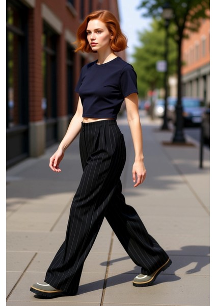 Kadın Çizgili Yüksek Bel Bol Paça Pantolon Fonksiyonel Dayanıklı Kaliteli Konforlu Estetik indirimleri