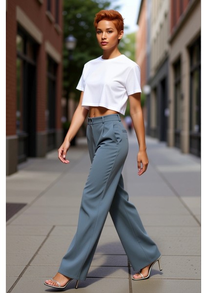 Kadın Haki Wide Leg Pilili Dokuma Kumaş Pantolon Fonksiyonel Dayanıklı Kaliteli Konforlu Şık indirimleri