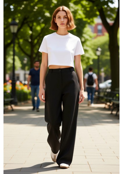 Kadın Yüksek Bel Geniş Paça Koyu Kahve Dokuma Pantolon Fonksiyonel Dayanıklı Kaliteli Spor fırsatları