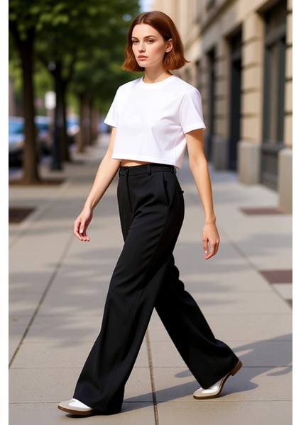 Kadın Yüksek Bel Geniş Paça Koyu Kahve Dokuma Pantolon Fonksiyonel Dayanıklı Kaliteli Spor indirimleri