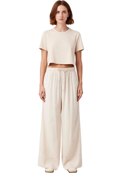 Kadın Düz Dokuma Wide Leg Pantolon Fonksiyonel Dayanıklı Kaliteli Konforlu Estetik Premium