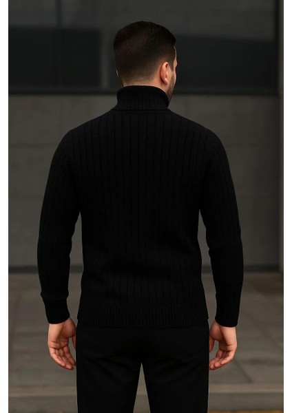 Erkek Fitilli Triko Kazak 2'li Set Bebek Mavisi Siyah Regular Balıkcı Yaka Tam Boğazlı Triko Seti Modeli Kazak fırsatları