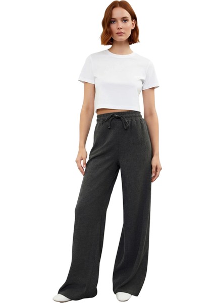 Kadın Antrasit Esnek Dokuma Geniş Bacak Pantolon Fonksiyonel Dayanıklı Kaliteli Konforlu Şık