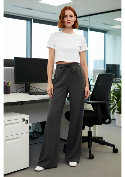 Kadın Antrasit Esnek Dokuma Geniş Bacak Pantolon Fonksiyonel Dayanıklı Kaliteli Konforlu Şık modelleri