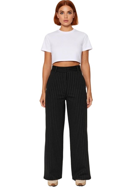 Kadın Klasik Çizgili Yüksek Bel Bol Paça Pantolon Fonksiyonel Dayanıklı Kaliteli Konforlu Şık