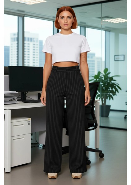 Kadın Klasik Çizgili Yüksek Bel Bol Paça Pantolon Fonksiyonel Dayanıklı Kaliteli Konforlu Şık modelleri
