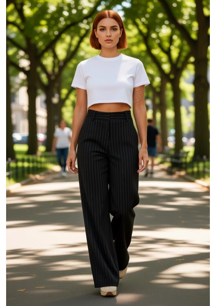 Kadın Klasik Çizgili Yüksek Bel Bol Paça Pantolon Fonksiyonel Dayanıklı Kaliteli Konforlu Şık fırsatları