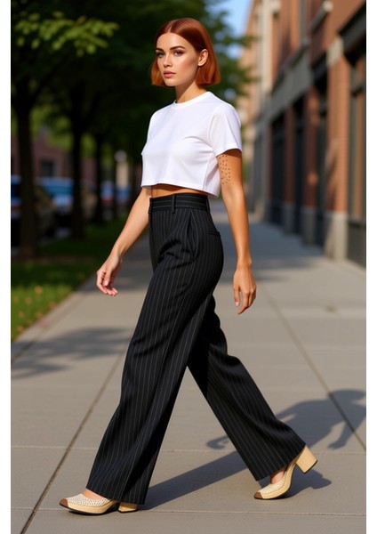 Kadın Klasik Çizgili Yüksek Bel Bol Paça Pantolon Fonksiyonel Dayanıklı Kaliteli Konforlu Şık indirimleri