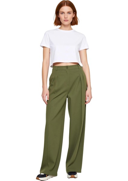 Kadın Haki Palazzo Pantolon Yüksek Bel Fonksiyonel Dayanıklı Kaliteli Konforlu Estetik Şık