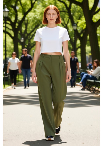 Kadın Haki Palazzo Pantolon Yüksek Bel Fonksiyonel Dayanıklı Kaliteli Konforlu Estetik Şık modelleri