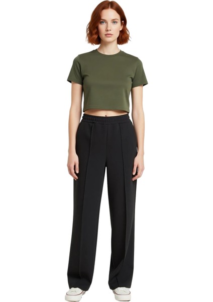 Kadın Yüksek Bel Bol Paça Nervürlü Örme Pantolon Fonksiyonel Dayanıklı Kaliteli Konforlu Şık