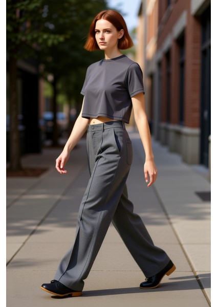 Kadın Antrasit Geniş Paça Örme Pantolon Yüksek Bel Fonksiyonel Dayanıklı Kaliteli Konforlu fırsatları