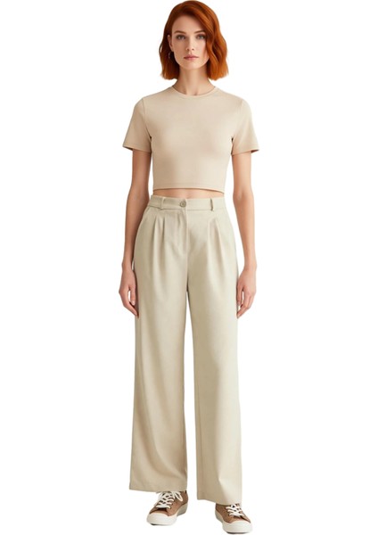 Kadın Geniş Paça Pilili Dokuma Pantolon Fonksiyonel Dayanıklı Kaliteli Konforlu Estetik Şık