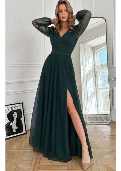 Kadın Uzun Kollu Kruvaze Yakalı Belden Kuşaklı Tüllü Uzun Ithal Krep Elbise