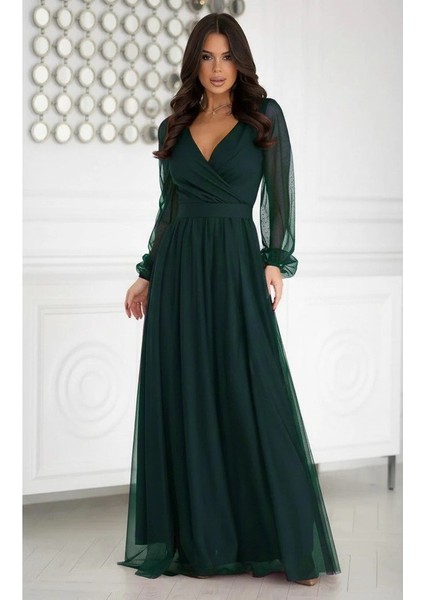 Kadın Uzun Kollu Kruvaze Yakalı Belden Kuşaklı Tüllü Uzun Ithal Krep Elbise modelleri