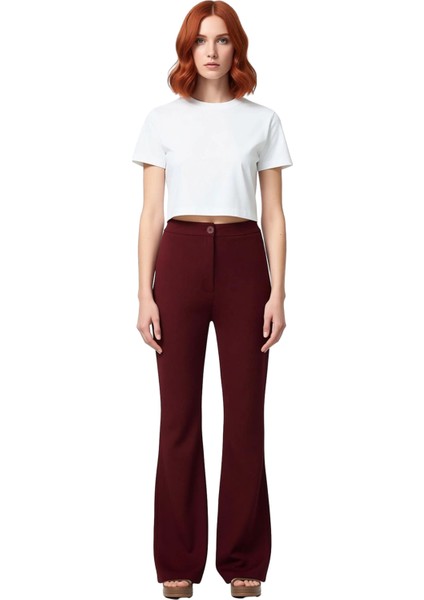 Kadın Flare Yüksek Bel Dokuma Pantolon Fonksiyonel Dayanıklı Kaliteli Konforlu Estetik Şık