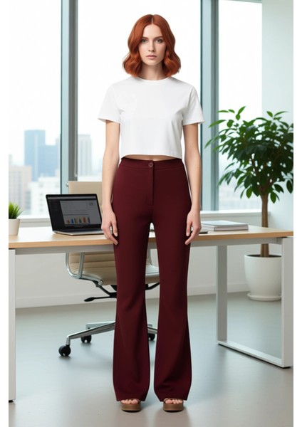 Kadın Flare Yüksek Bel Dokuma Pantolon Fonksiyonel Dayanıklı Kaliteli Konforlu Estetik Şık modelleri