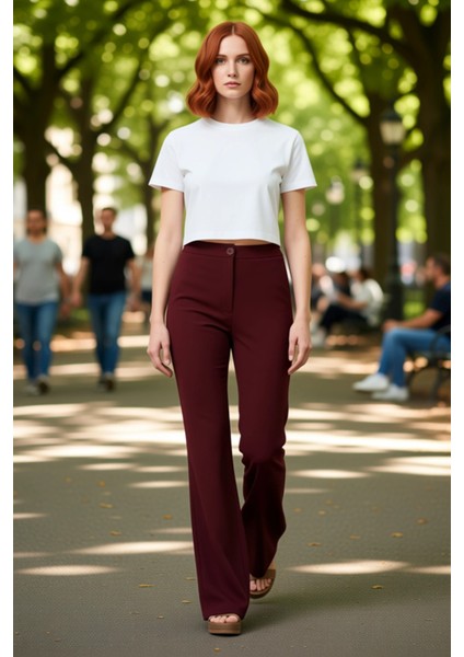 Kadın Flare Yüksek Bel Dokuma Pantolon Fonksiyonel Dayanıklı Kaliteli Konforlu Estetik Şık fırsatları