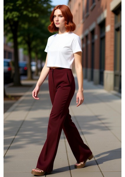 Kadın Flare Yüksek Bel Dokuma Pantolon Fonksiyonel Dayanıklı Kaliteli Konforlu Estetik Şık indirimleri