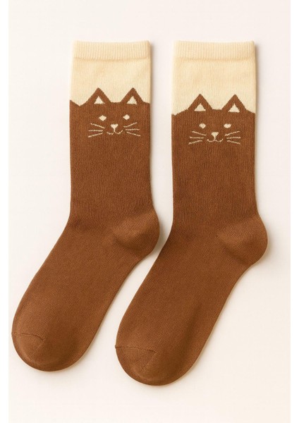 Kadın Kedi Desenli Soket Çorap Kahverengi