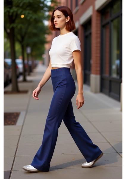 Kadın Yüksek Bel Wideleg Denim Etkili Esnek Pantolon Fonksiyonel Dayanıklı Kaliteli Modern indirimleri