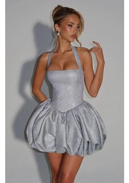 Kadın Halter Yaka Simli Kumaş Sırtı Bağcık Detay Prenses Elbise