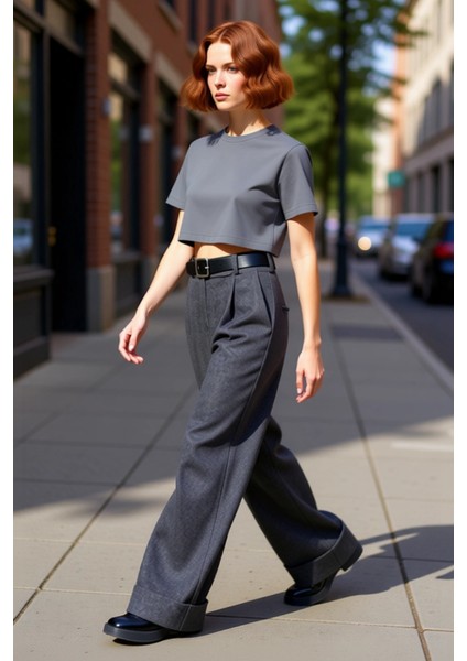 Kadın Yüksek Bel Geniş Paça Dokuma Pantolon Fonksiyonel Dayanıklı Kaliteli Konforlu Modern fırsatları