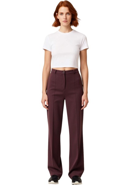 Kadın Mürdüm Esnek Kumaş Yüksek Bel Düz Paça Pantolon Fonksiyonel Dayanıklı Kaliteli Rahat